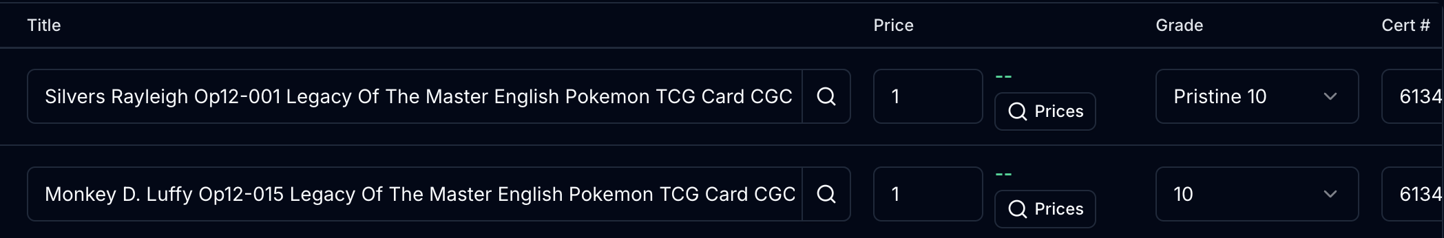 CardPilot rows for CGC graded cards showing title, price, grade, and certification number columns