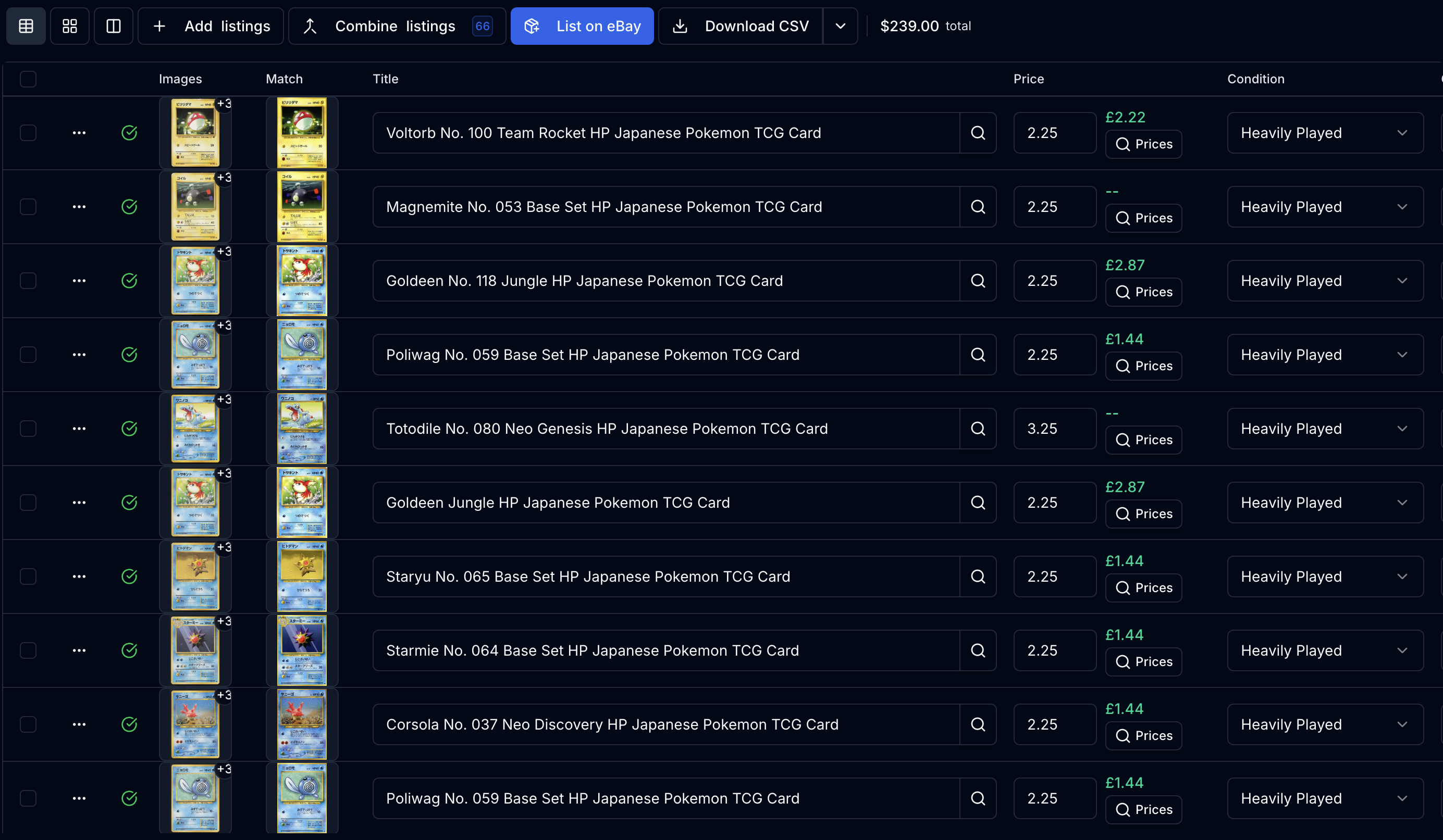 CardPilot review table: a batch of Japanese Pokémon cards identified with photos, matched catalog images, finished eBay titles, prices, market values, and conditions, with a List on eBay button above