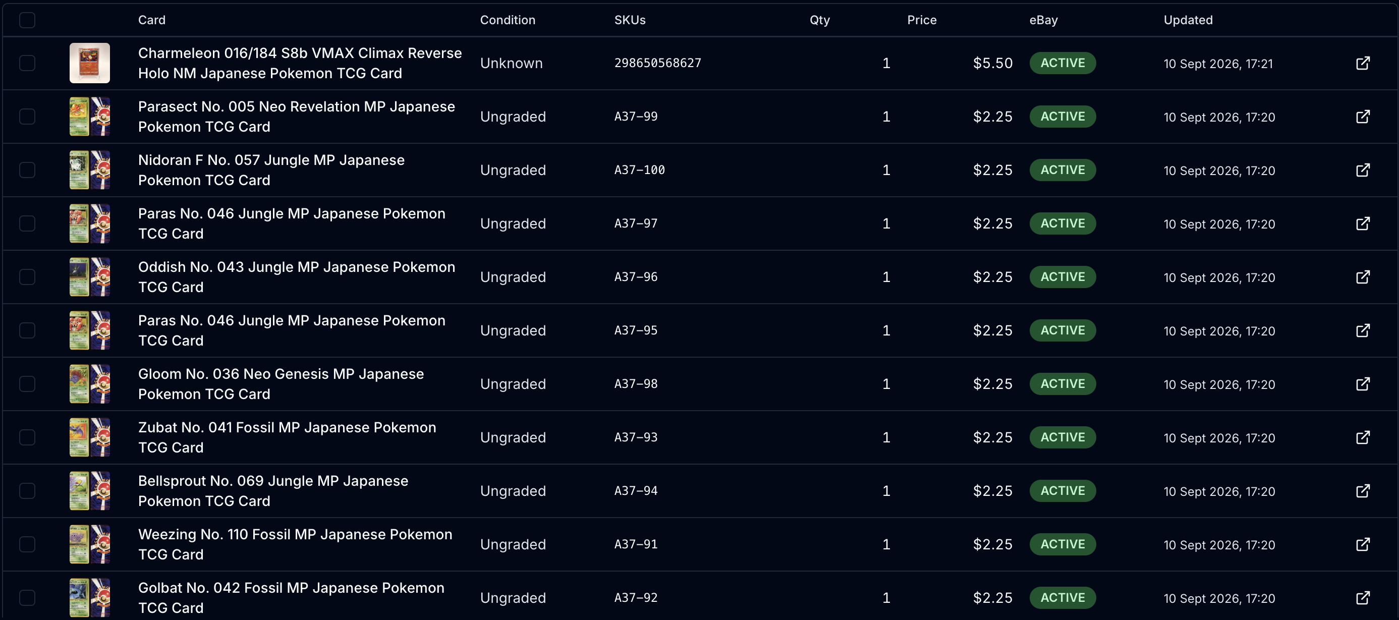 CardPilot inventory table with card names, conditions, SKUs, quantities, prices, and active eBay status badges