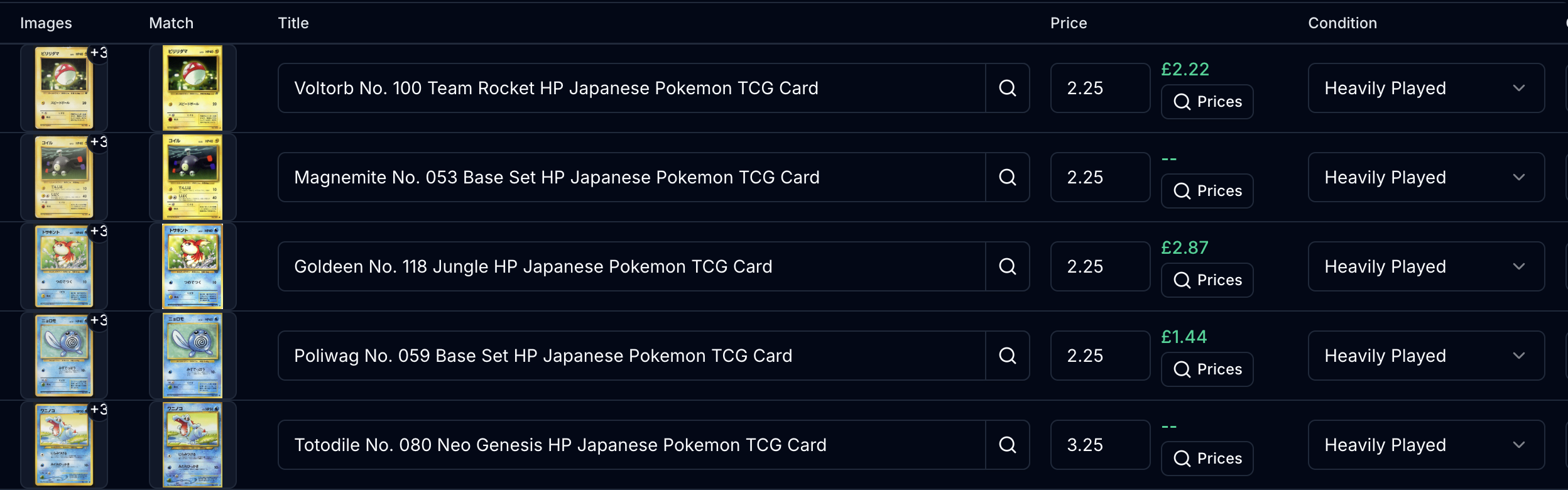 CardPilot review rows showing card photos, matched catalog images, eBay titles, prices, market values, and condition selectors