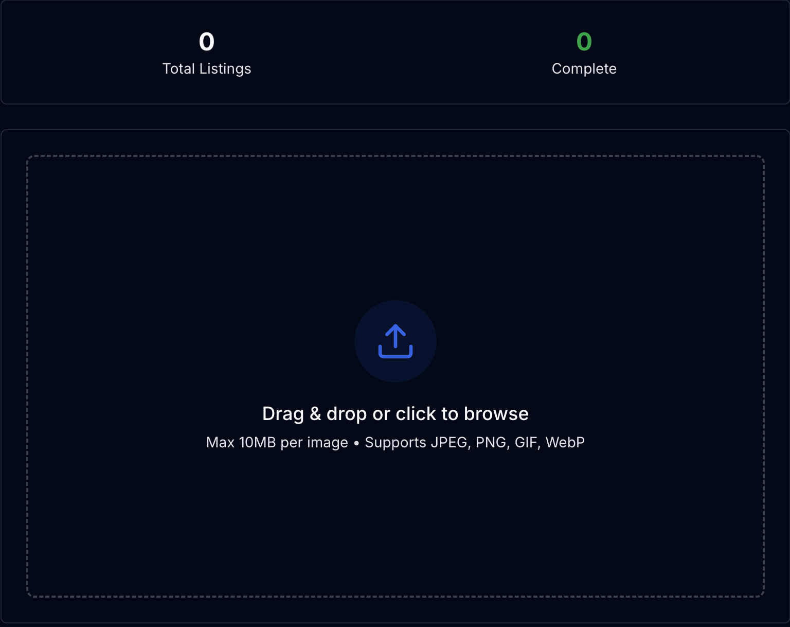 CardPilot upload step with a drag-and-drop area for card photos